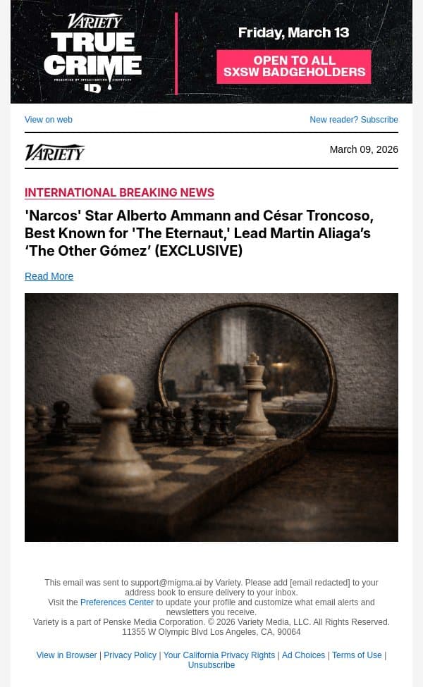 'Narcos' Star Alberto Ammann and César Troncoso, Best Known for 'The Eternaut,' Lead Martin Aliaga’s ‘The Other Gómez’ (EXCLUSIVE) email from Variety screenshot