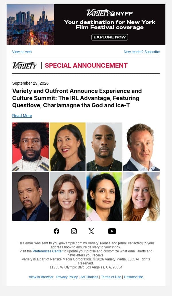 Variety and Outfront Announce Experience and Culture Summit: The IRL Advantage, Featuring Questlove, Charlamagne tha God and Ice-T email from Variety screenshot