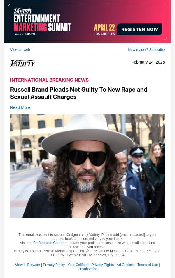 Russell Brand Pleads Not Guilty To New Rape and Sexual Assault Charges email from Variety screenshot