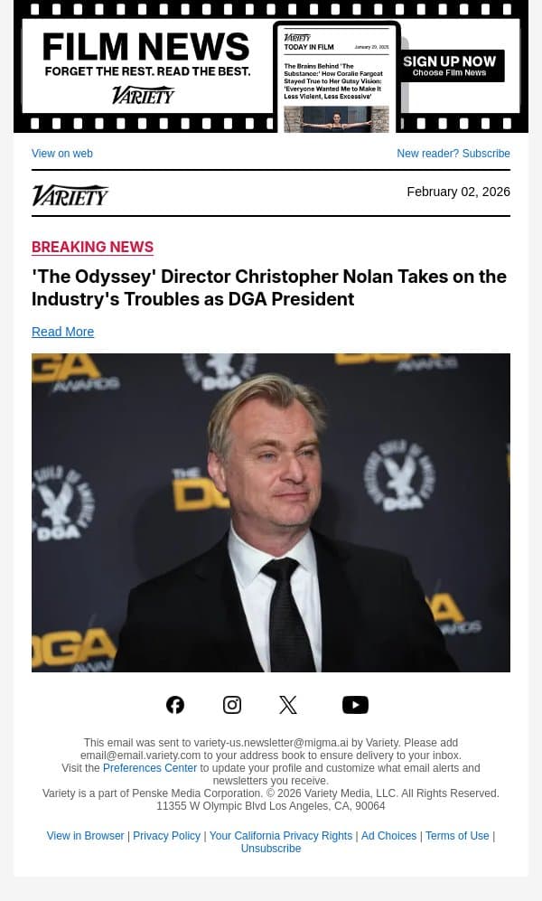 'The Odyssey' Director Christopher Nolan Takes on the Industry's Troubles as DGA President email from Variety screenshot