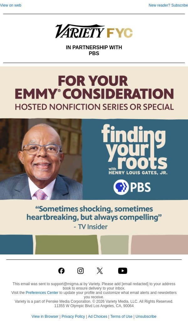 Discover The Stories Behind Our Shared History. FINDING YOUR ROOTS For Your Emmy® Consideration email from Variety screenshot
