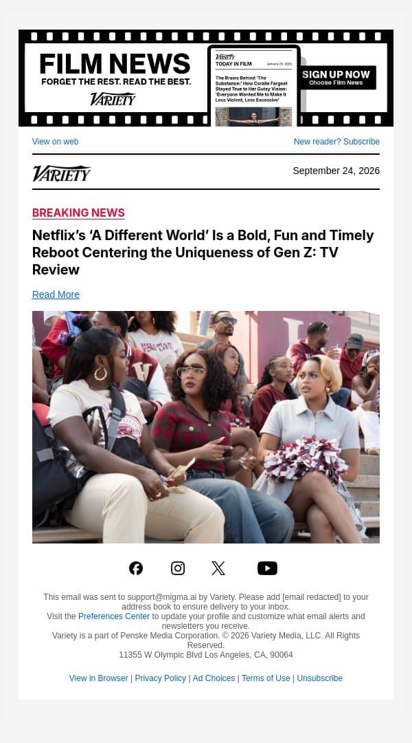Netflix’s ‘A Different World’ Is a Bold, Fun and Timely Reboot Centering the Uniqueness of Gen Z: TV Review email from Variety screenshot
