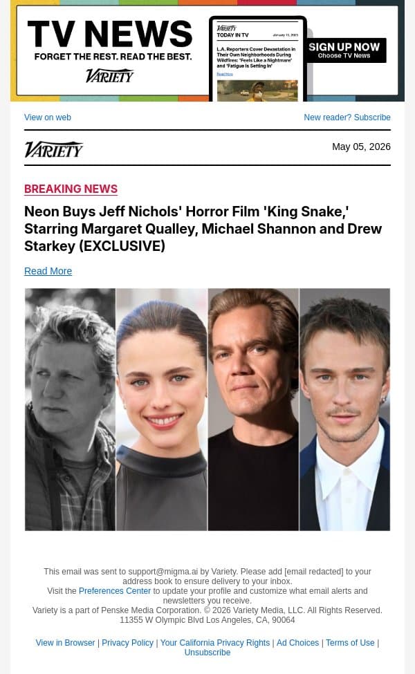 Neon Buys Jeff Nichols' Horror Film 'King Snake,' Starring Margaret Qualley, Michael Shannon and Drew Starkey (EXCLUSIVE) email from Variety screenshot