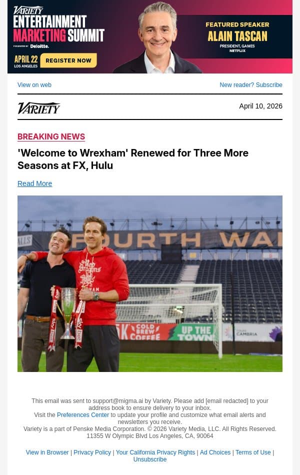 'Welcome to Wrexham' Renewed for Three More Seasons at FX, Hulu email from Variety screenshot