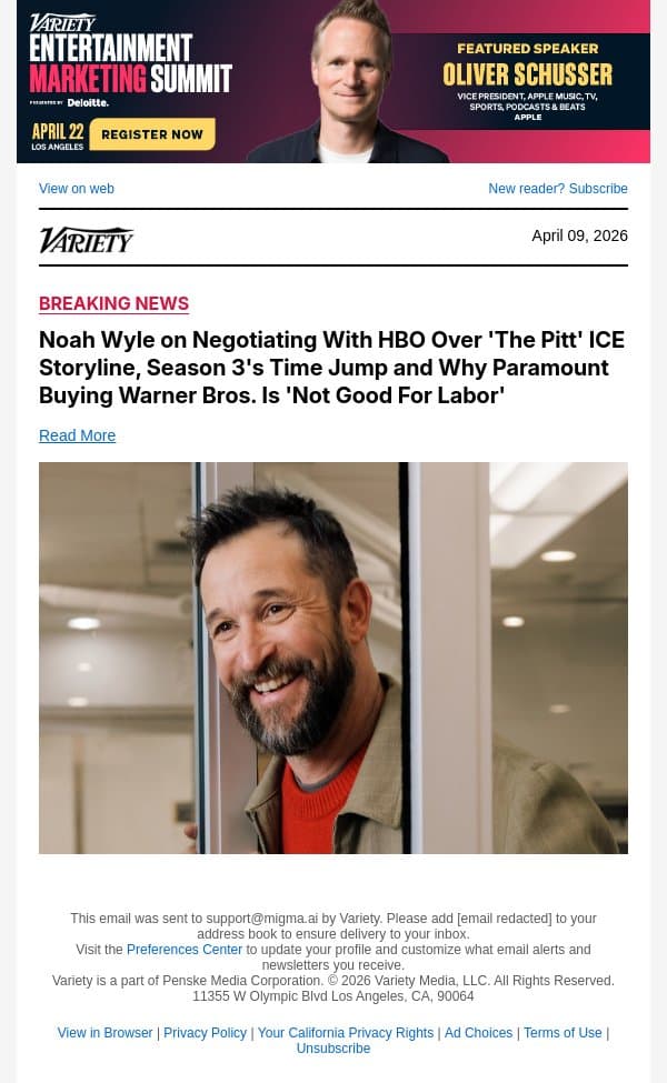 Noah Wyle on Negotiating With HBO Over 'The Pitt' ICE Storyline, Season 3's Time Jump and Why Paramount Buying Warner Bros. Is 'Not Good For Labor' email from Variety screenshot