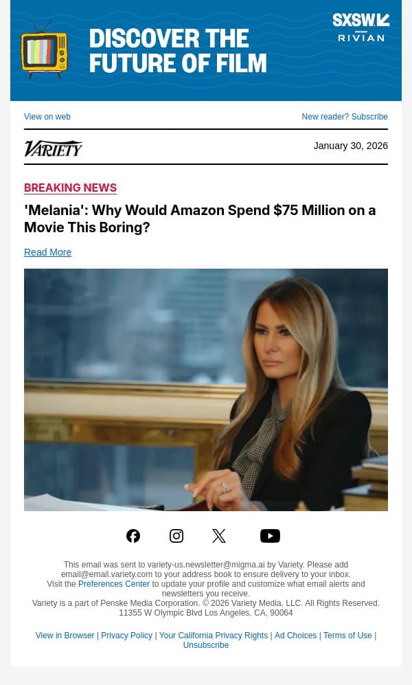 'Melania': Why Would Amazon Spend $75 Million on a Movie This Boring? email from Variety screenshot