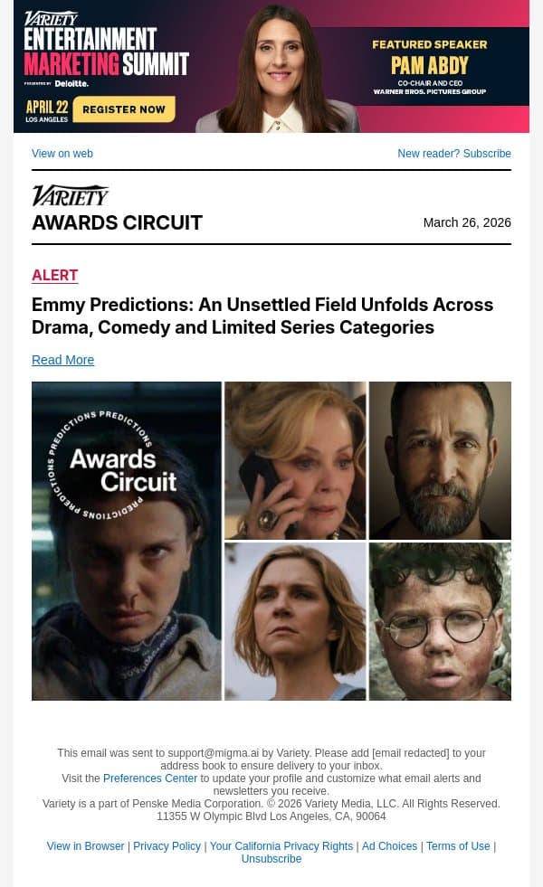Emmy Predictions: An Unsettled Field Unfolds Across Drama, Comedy and Limited Series Categories email from Variety screenshot