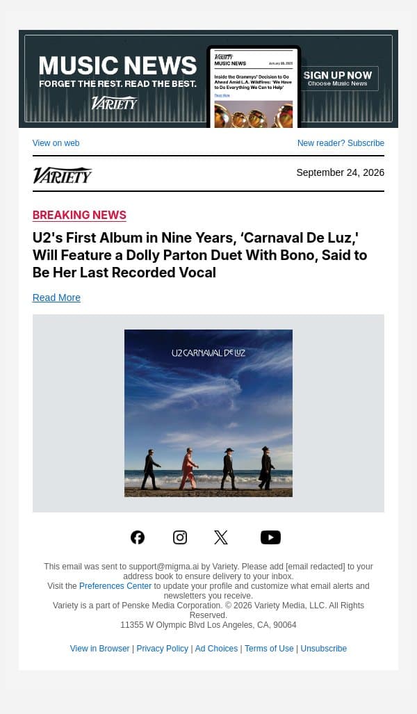 U2's First Album in Nine Years, ‘Carnaval De Luz,' Will Feature a Dolly Parton Duet With Bono, Said to Be Her Last Recorded Vocal email from Variety screenshot