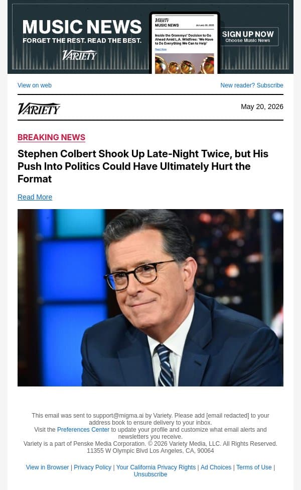 Stephen Colbert Shook Up Late-Night Twice, but His Push Into Politics Could Have Ultimately Hurt the Format email from Variety screenshot