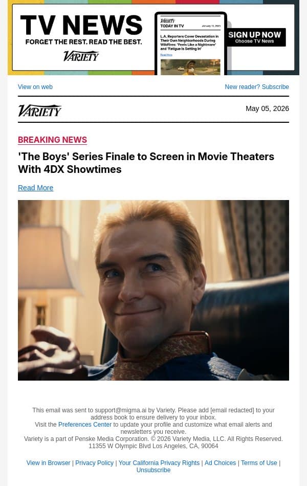 'The Boys' Series Finale to Screen in Movie Theaters With 4DX Showtimes email from Variety screenshot