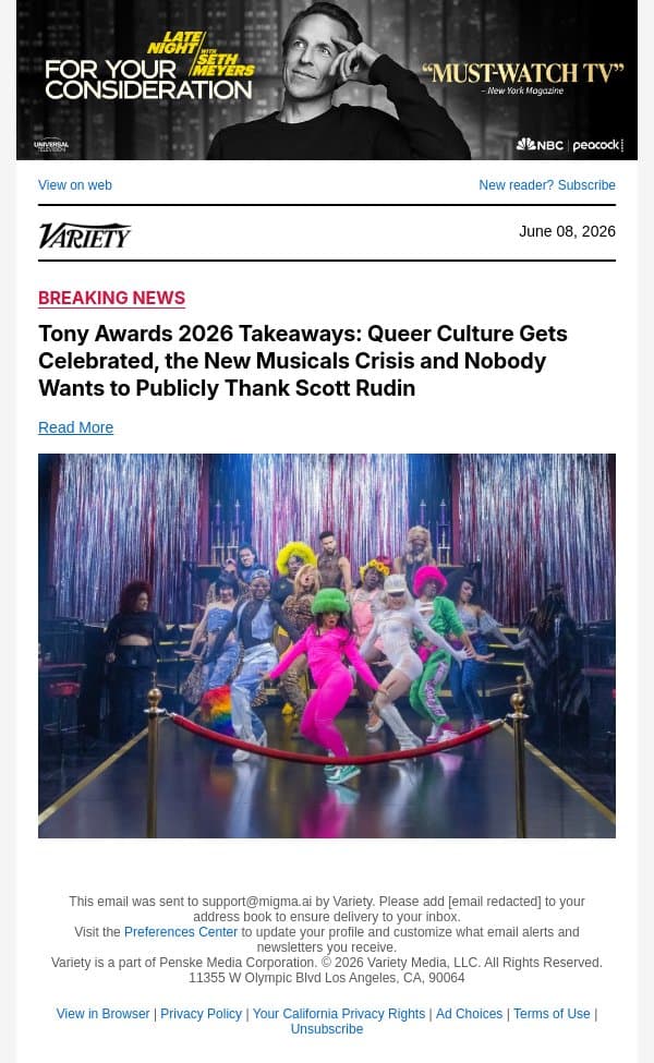 Tony Awards 2026 Takeaways: Queer Culture Gets Celebrated, the New Musicals Crisis and Nobody Wants to Publicly Thank Scott Rudin email from Variety screenshot