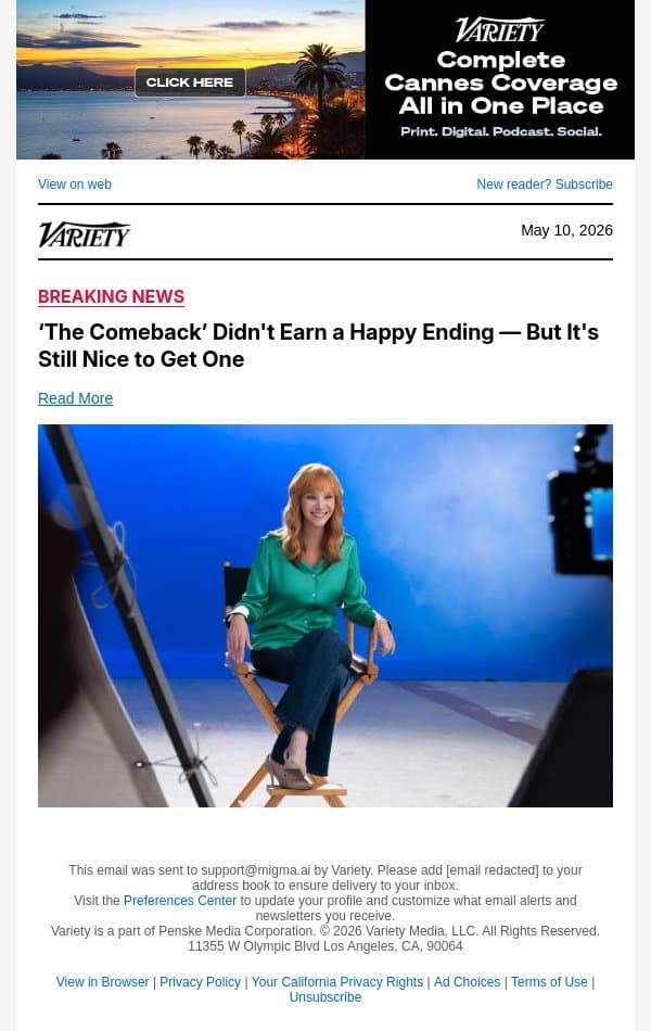 ‘The Comeback’ Didn't Earn a Happy Ending — But It's Still Nice to Get One email from Variety screenshot