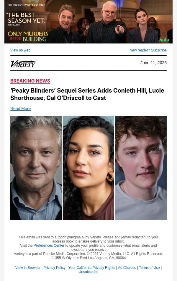 ‘Peaky Blinders’ Sequel Series Adds Conleth Hill, Lucie Shorthouse, Cal O’Driscoll to Cast email from Variety screenshot