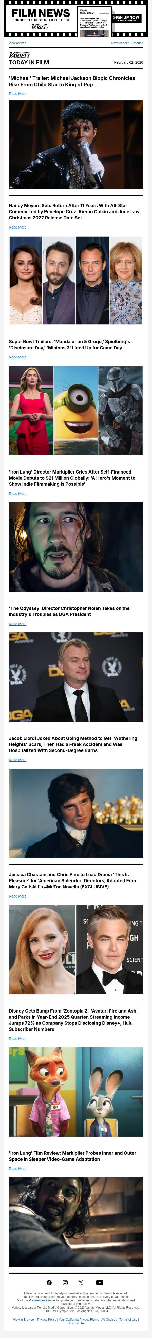 'Michael' Trailer; New Nancy Meyers All-Star Comedy; Super Bowl Trailers email from Variety screenshot