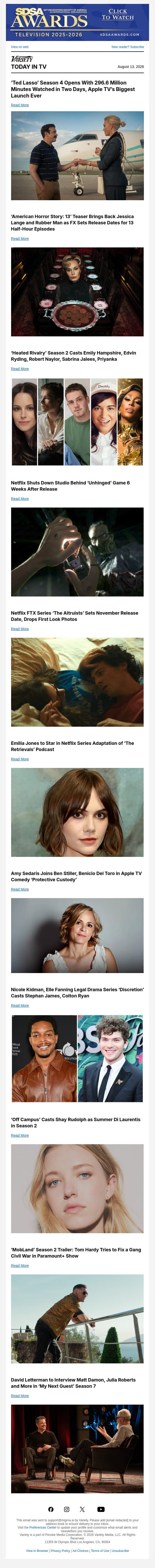 'Ted Lasso' Breaks Apple Record; 'AHS: 13' Teaser, Cast and Premiere; 'Heated Rivalry' Adds to Season 2 Cast email from Variety screenshot