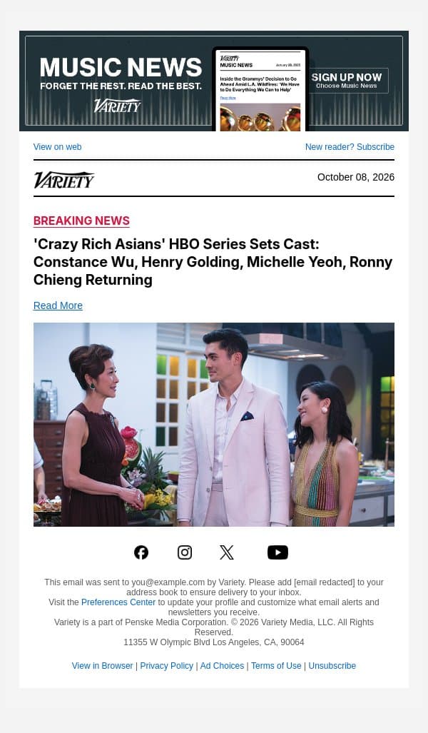 'Crazy Rich Asians' HBO Series Sets Cast: Constance Wu, Henry Golding, Michelle Yeoh, Ronny Chieng Returning email from Variety screenshot