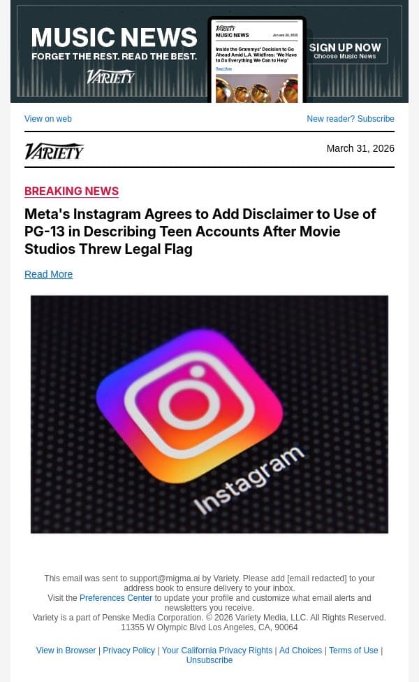 Meta's Instagram Agrees to Add Disclaimer to Use of PG-13 in Describing Teen Accounts After Movie Studios Threw Legal Flag email from Variety screenshot