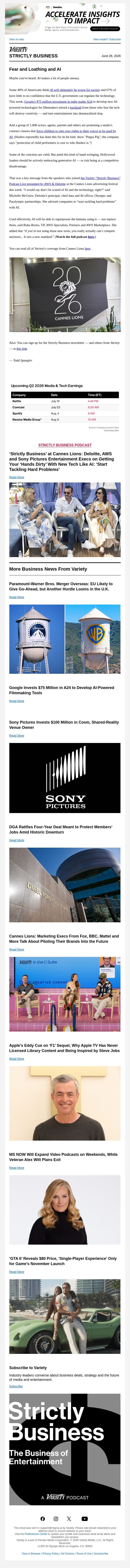 Strictly Business Newsletter & Podcast: Why Hollywood Should Embrace AI; Paramount-WBD Merger May Face UK Hurdle; Eddy Cue on Why Apple TV Never Licensed Back Catalogs; DGA Ratifies Four-Year Deal With Studios; and More email from Variety screenshot