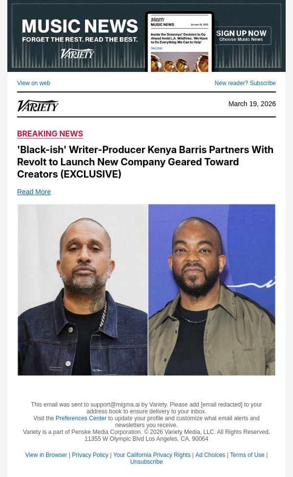 'Black-ish' Writer-Producer Kenya Barris Partners With Revolt to Launch New Company Geared Toward Creators (EXCLUSIVE) email from Variety screenshot