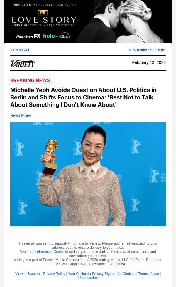 Michelle Yeoh Avoids Question About U.S. Politics in Berlin and Shifts Focus to Cinema: 'Best Not to Talk About Something I Don't Know About' email from Variety screenshot