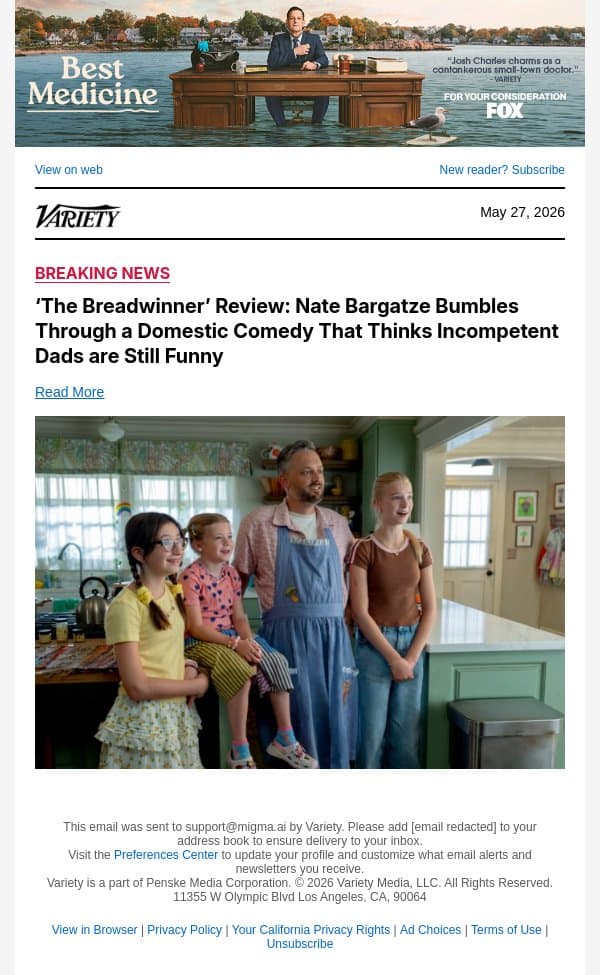 ‘The Breadwinner’ Review: Nate Bargatze Bumbles Through a Domestic Comedy That Thinks Incompetent Dads are Still Funny email from Variety screenshot