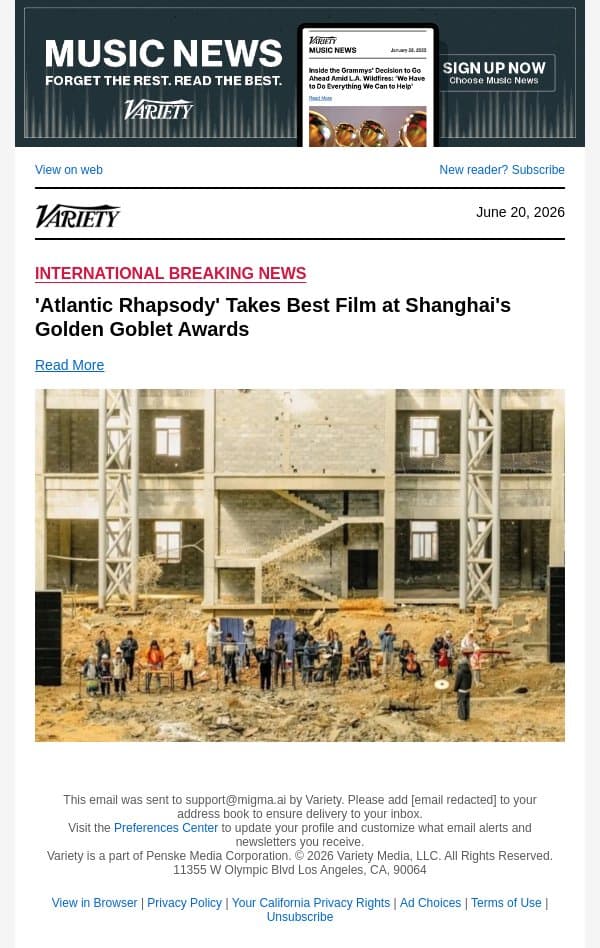 'Atlantic Rhapsody' Takes Best Film at Shanghai's Golden Goblet Awards email from Variety screenshot