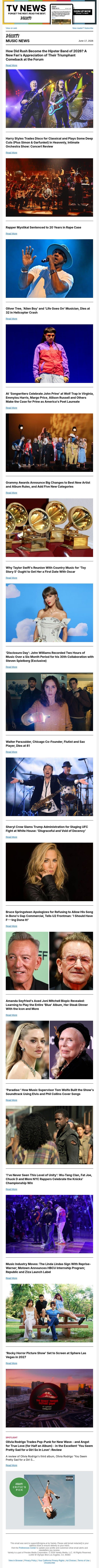 Rush Has Become the Hipster Band of 2026; Harry Styles' U.K. Orchestral Show, Reviewed; Mystikal Gets 20 Years in Rape Case email from Variety screenshot