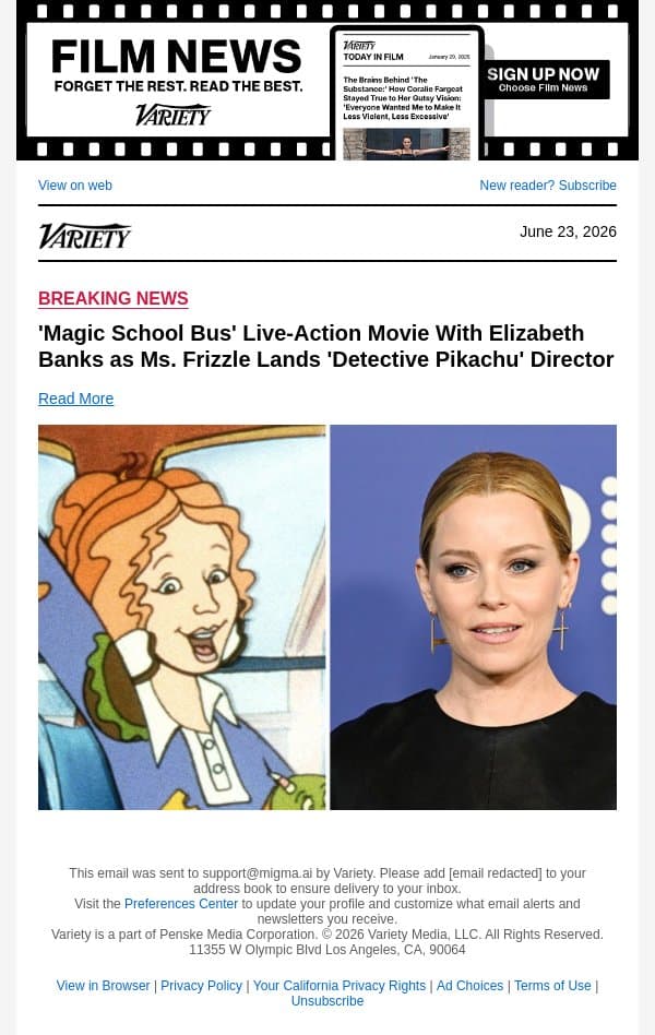 'Magic School Bus' Live-Action Movie With Elizabeth Banks as Ms. Frizzle Lands 'Detective Pikachu' Director email from Variety screenshot