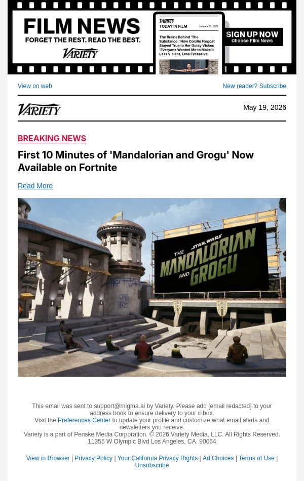First 10 Minutes of 'Mandalorian and Grogu' Now Available on Fortnite email from Variety screenshot