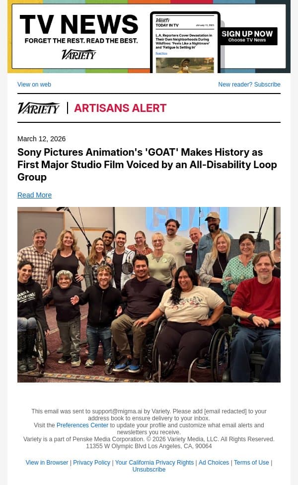 Sony Pictures Animation's 'GOAT' Makes History as First Major Studio Film Voiced by an All-Disability Loop Group email from Variety screenshot