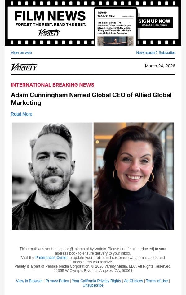 Adam Cunningham Named Global CEO of Allied Global Marketing email from Variety screenshot