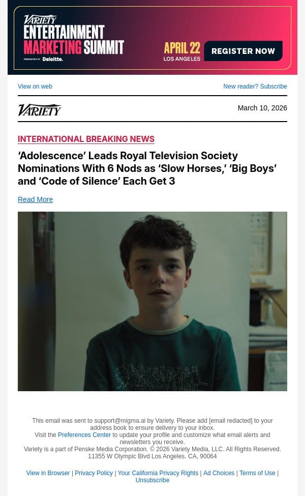 ‘Adolescence’ Leads Royal Television Society Nominations With 6 Nods as ‘Slow Horses,’ ‘Big Boys’ and ‘Code of Silence’ Each Get 3 email from Variety screenshot