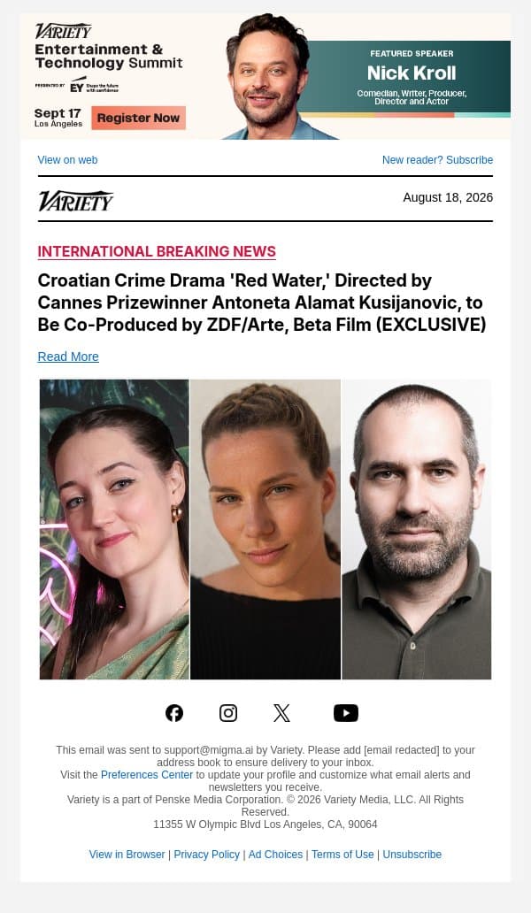 Croatian Crime Drama 'Red Water,' Directed by Cannes Prizewinner Antoneta Alamat Kusijanovic, to Be Co-Produced by ZDF/Arte, Beta Film (EXCLUSIVE) email from Variety screenshot