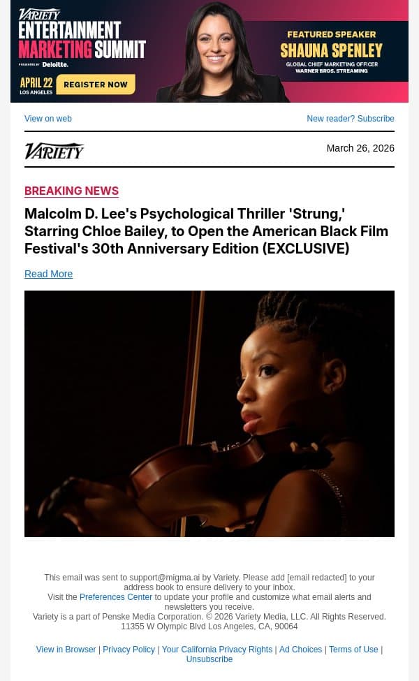 Malcolm D. Lee's Psychological Thriller 'Strung,' Starring Chloe Bailey, to Open the American Black Film Festival's 30th Anniversary Edition (EXCLUSIVE) email from Variety screenshot