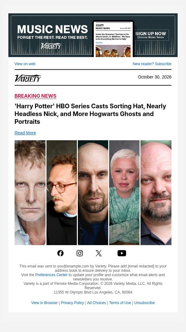 'Harry Potter' HBO Series Casts Sorting Hat, Nearly Headless Nick, and More Hogwarts Ghosts and Portraits email from Variety screenshot
