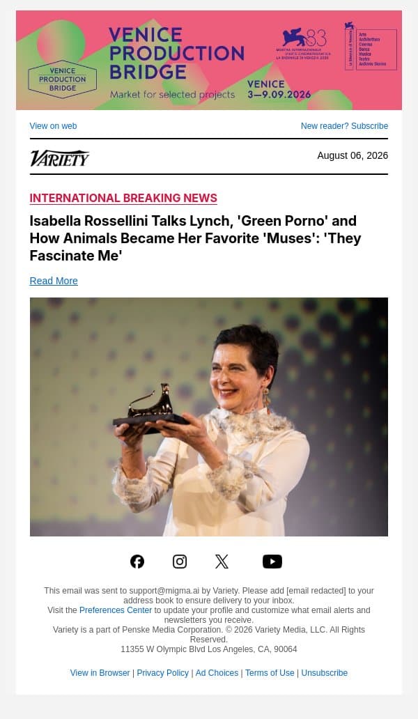 Isabella Rossellini Talks Lynch, 'Green Porno' and How Animals Became Her Favorite 'Muses': 'They Fascinate Me' email from Variety screenshot