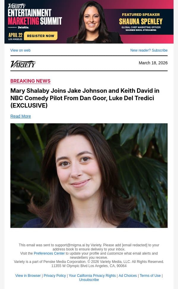 Mary Shalaby Joins Jake Johnson and Keith David in NBC Comedy Pilot From Dan Goor, Luke Del Tredici (EXCLUSIVE) email from Variety screenshot