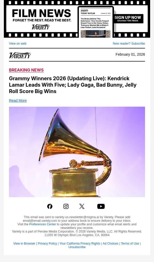 Bad Bunny Wins Grammy for Album of the Year email from Variety screenshot