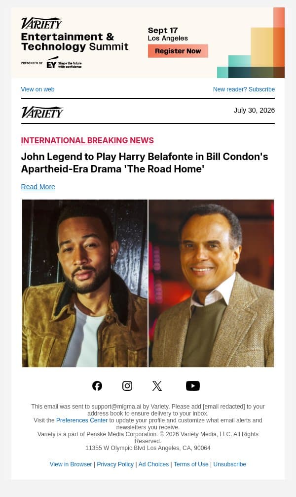 John Legend to Play Harry Belafonte in Bill Condon's Apartheid-Era Drama 'The Road Home' email from Variety screenshot