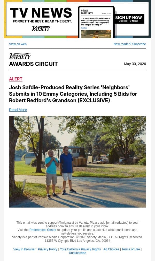 Josh Safdie-Produced Reality Series 'Neighbors' Submits in 10 Emmy Categories, Including 5 Bids for Robert Redford's Grandson (EXCLUSIVE) email from Variety screenshot