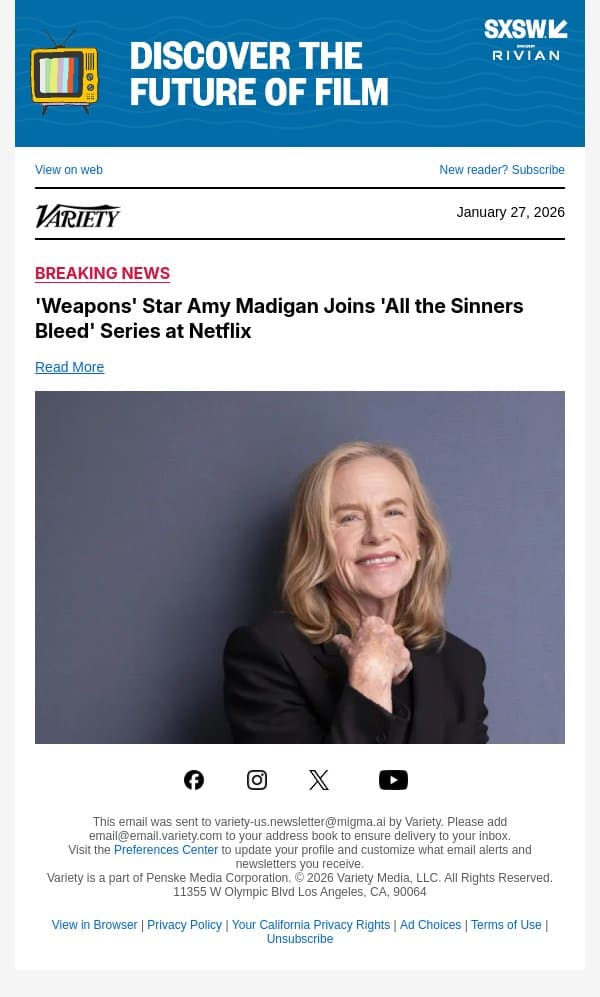 'Weapons' Star Amy Madigan Joins 'All the Sinners Bleed' Series at Netflix email from Variety screenshot