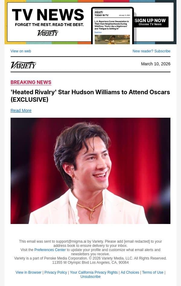 'Heated Rivalry' Star Hudson Williams to Attend Oscars (EXCLUSIVE) email from Variety screenshot