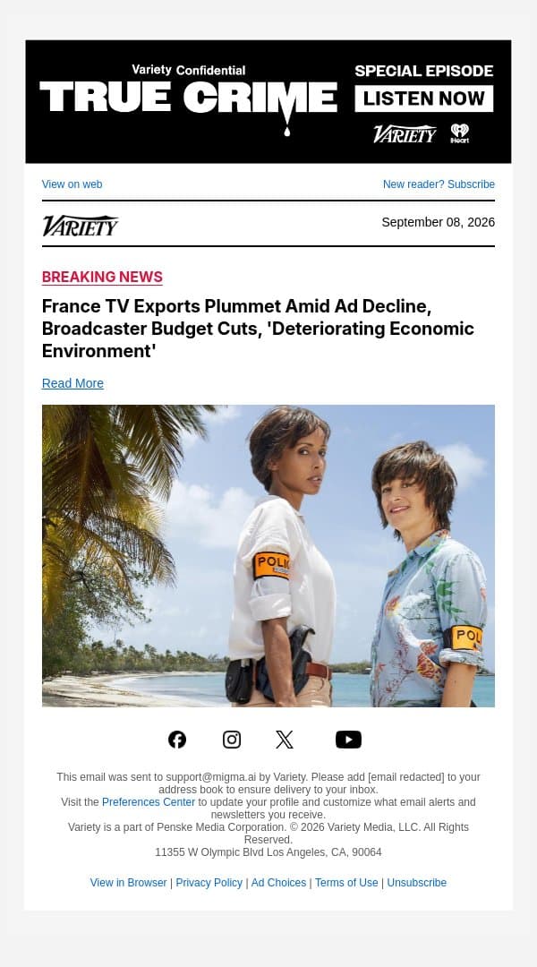 France TV Exports Plummet Amid Ad Decline, Broadcaster Budget Cuts, 'Deteriorating Economic Environment' email from Variety screenshot
