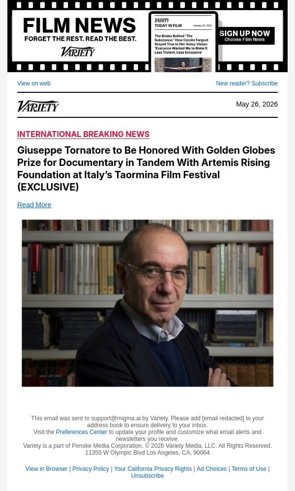Giuseppe Tornatore to Be Honored With Golden Globes Prize for Documentary in Tandem With Artemis Rising Foundation at Italy’s Taormina Film Festival (EXCLUSIVE) email from Variety screenshot