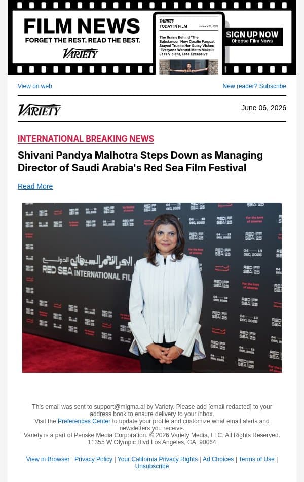 Shivani Pandya Malhotra Steps Down as Managing Director of Saudi Arabia's Red Sea Film Festival email from Variety screenshot