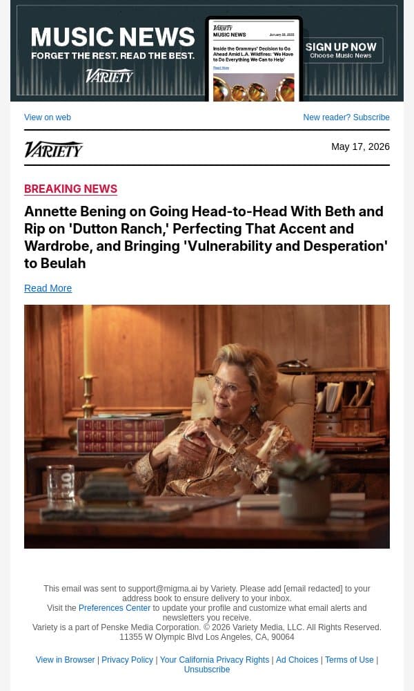 Annette Bening on Going Head-to-Head With Beth and Rip on 'Dutton Ranch,' Perfecting That Accent and Wardrobe, and Bringing 'Vulnerability and Desperation' to Beulah email from Variety screenshot