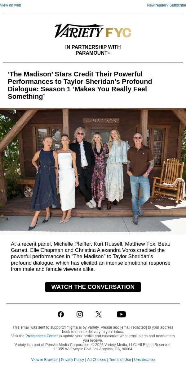 ‘The Madison’ Stars Credit Their Powerful Performances to Taylor Sheridan’s Profound Dialogue: Season 1 ‘Makes You Really Feel Something’ email from Variety screenshot