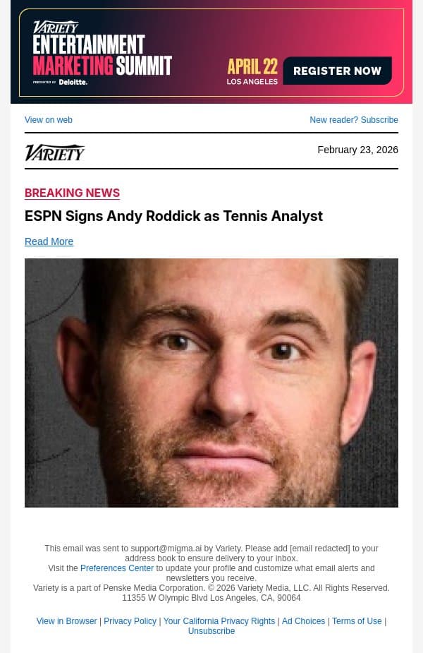 ESPN Signs Andy Roddick as Tennis Analyst email from Variety screenshot