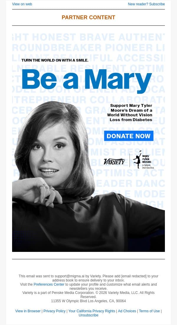 Support Mary Tyler Moore's Dream – A World Without Vision Loss from Diabetes email from Variety screenshot