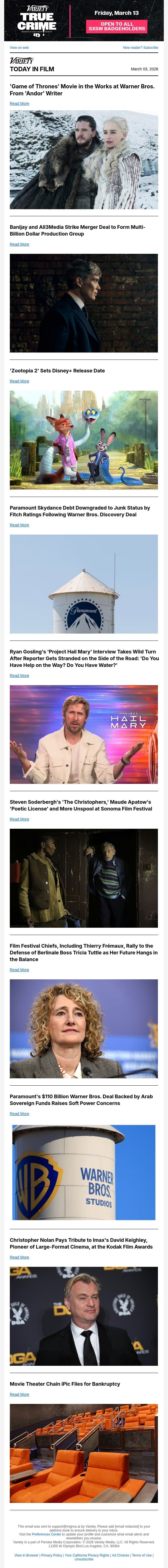 'Game of Thrones' Movie; Banijay and All3Media Merger; 'Zootopia 2' Disney+ Release email from Variety screenshot
